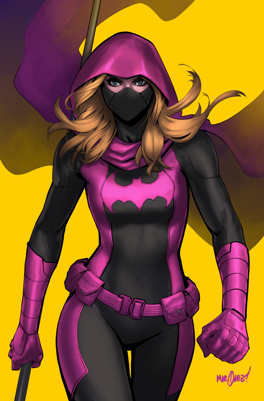 1girl, batgirl, batman_(series), belt, belt_pouch, black_bodysuit, black_mask, blonde_hair