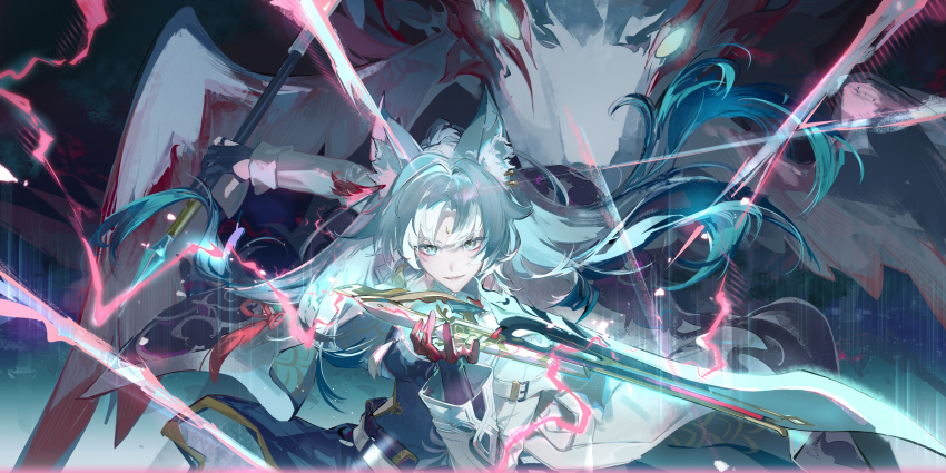 1girl, animal_ear_fluff, animal_ear_piercing, animal_ears, black_gloves, blue_eyes, blue_hair, blue_shirt