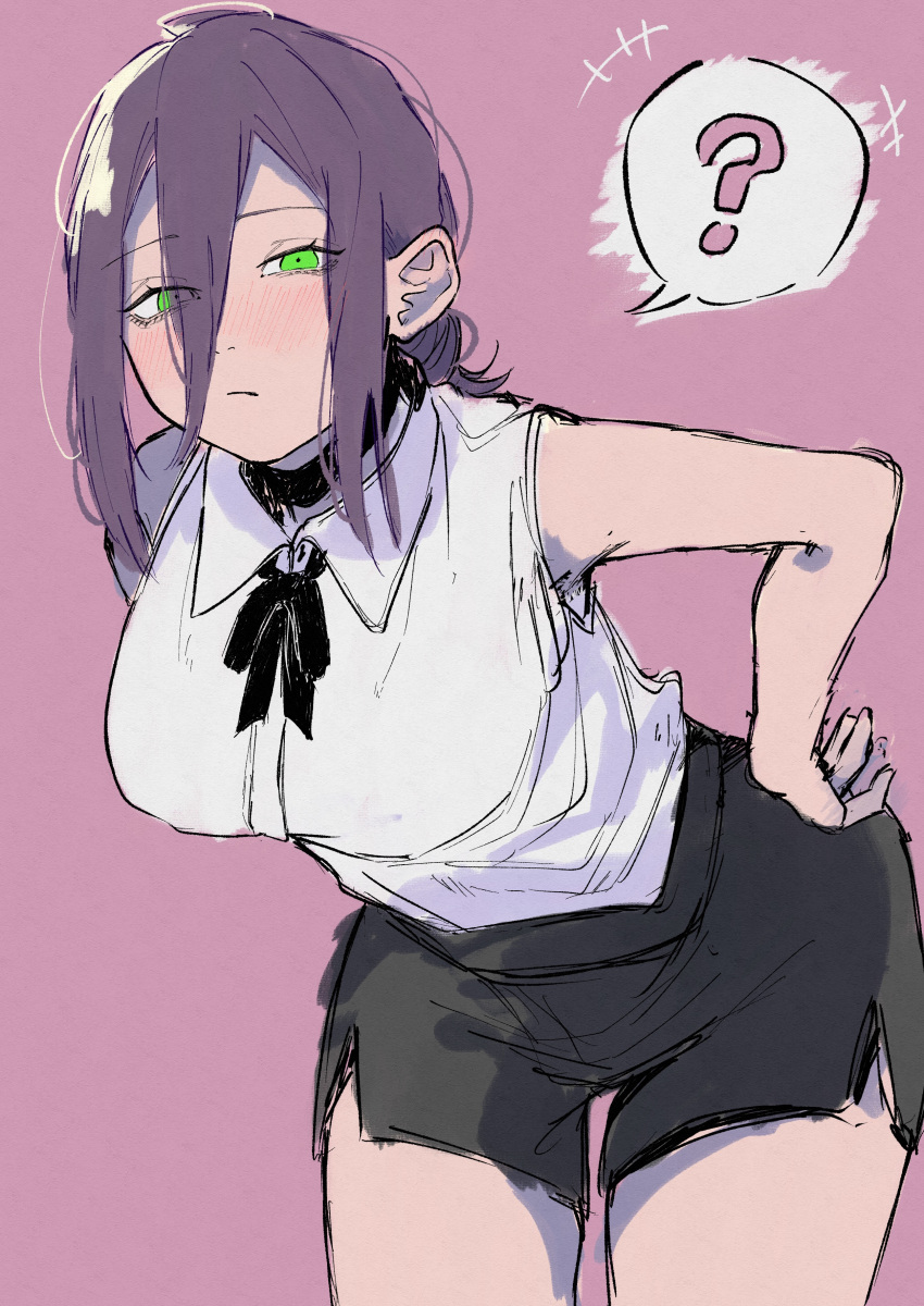 1girl, ?, absurdres, bent_over, black_choker, black_ribbon, black_shorts, breasts, chainsaw_man, choker, closed_mouth, collared_shirt, cowboy_shot, eyes_visible_through_hair, frown, green_eyes, hand_on_own_hip, highres, looking_at_viewer, medium_breasts, neck_ribbon, purple_hair, reze_(chainsaw_man), ribbon, shirt, short_hair, shorts, sleeveless, sleeveless_shirt, solo, speech_bubble, spoken_question_mark, tian_zhu2357, white_shirt