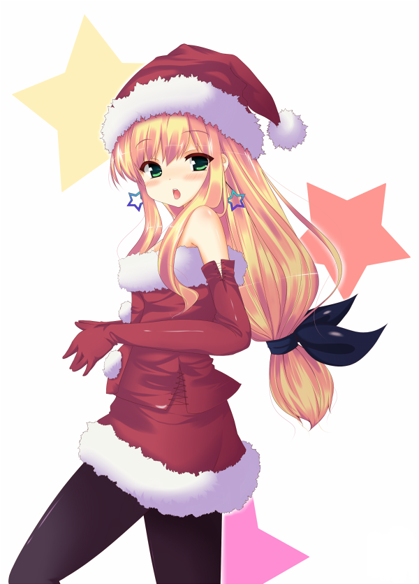 black_legwear, blonde_hair, blush, earrings, elbow_gloves, gloves, green_eyes, hair_ribbon