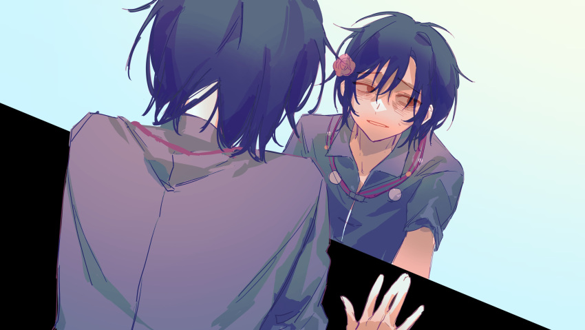 1boy, absurdres, black_hair, blue_shirt, brown_eyes, chinese_commentary, collared_shirt, commentary_request