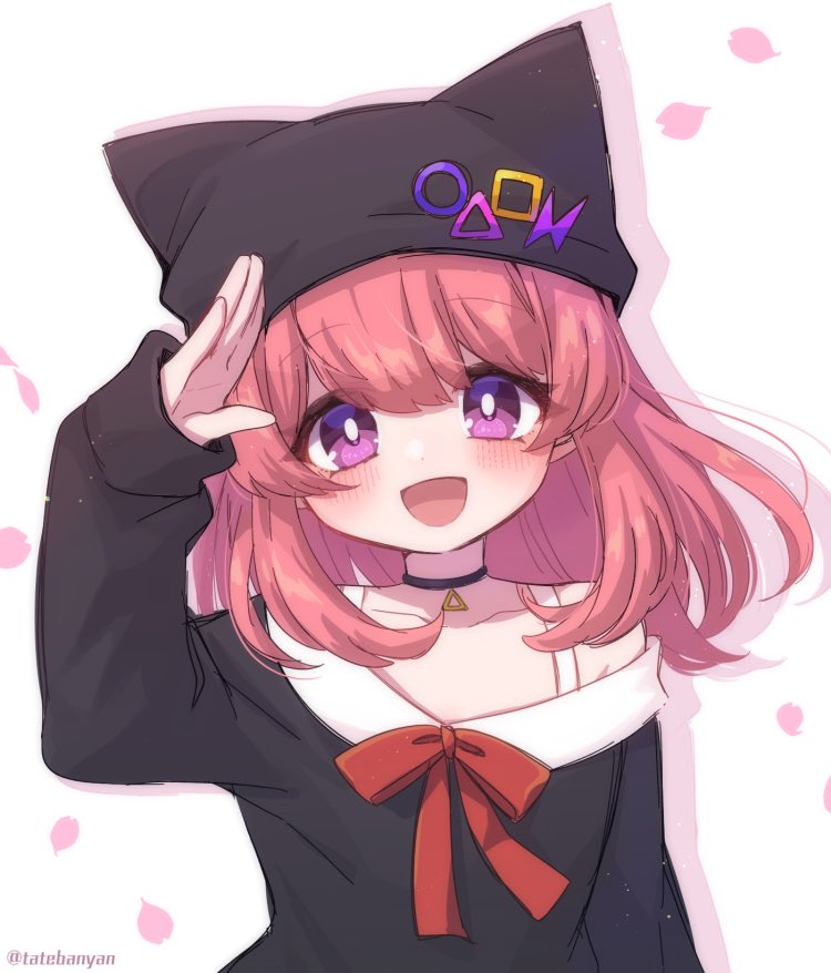 1girl, :d, animal_ear_headwear, arm_at_side, arm_up, artist_name, beanie, black_hat