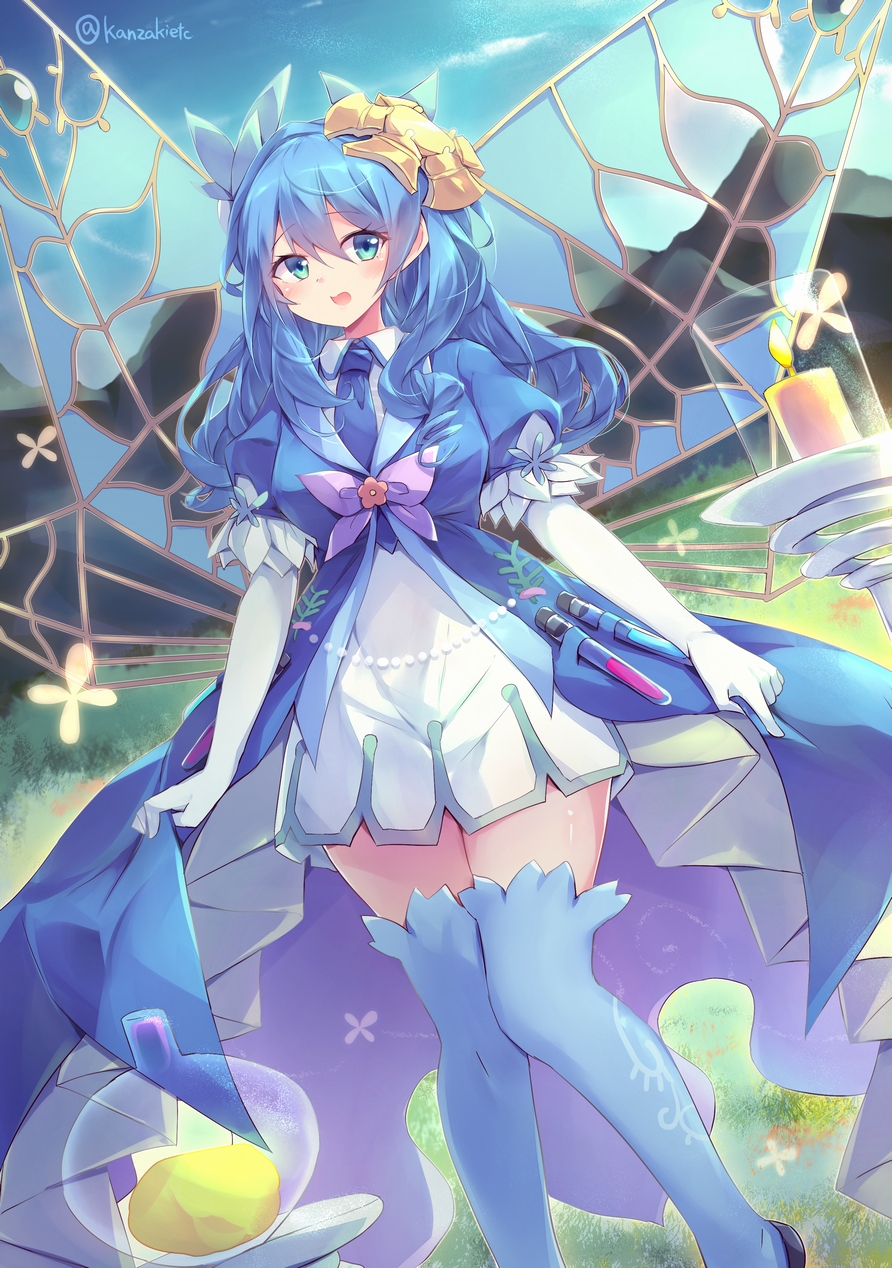 1girl, aromage_rosemary, blue_dress, blue_eyes, blue_hair, blue_necktie, blue_thighhighs, candle