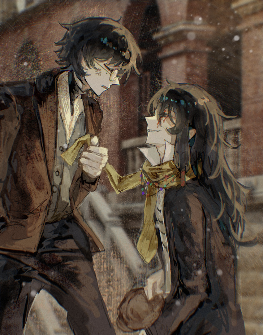 2boys, anger_vein, black_hair, black_jacket, black_pants, brown_jacket, chinese_commentary, commentary_request, earrings, facial_tattoo, grin, highres, jacket, jewelry, li_yuting_(male), long_hair, long_sleeves, male_focus, mole, mole_under_eye, multiple_boys, open_clothes, open_jacket, open_mouth, pants, scarf, scarf_grab, shirt, short_hair, smile, tattoo, touqi_guaitan, white_shirt, yellow_scarf, zhi_yuyu, ziche_fuzhao