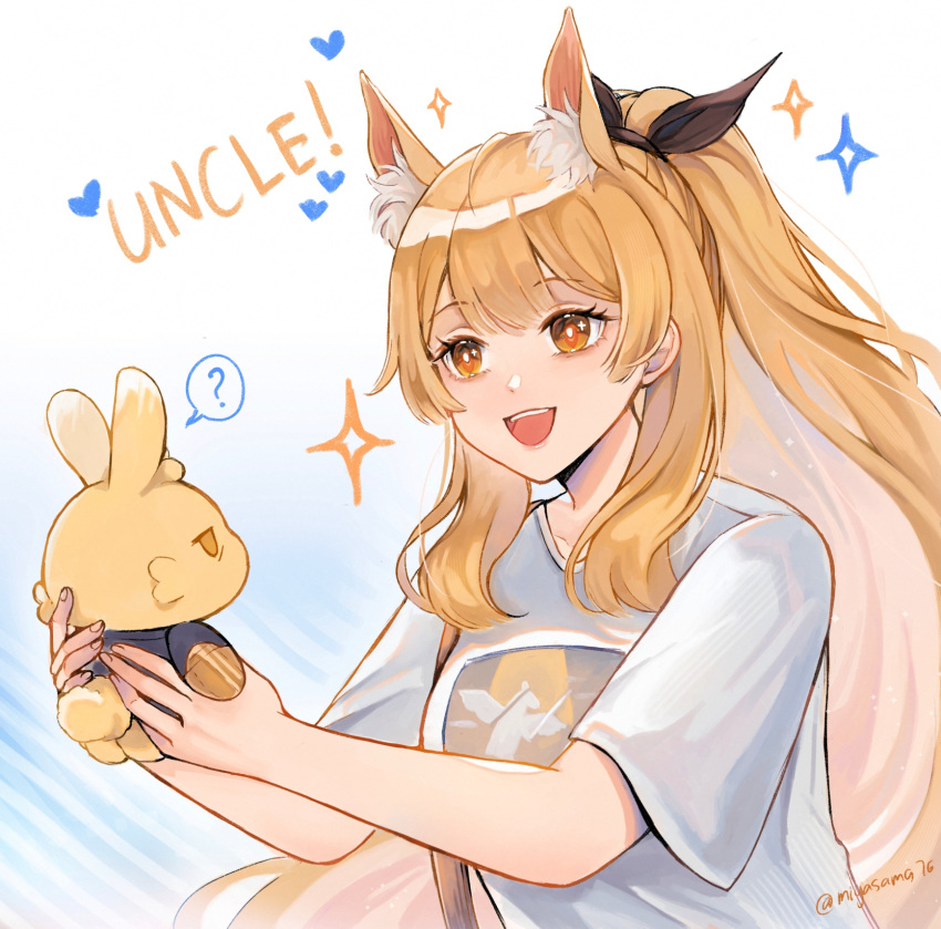 +_+, 1girl, ?, arknights, blemishine_(arknights), blonde_hair, character_doll, choshanland_plushy_(arknights)