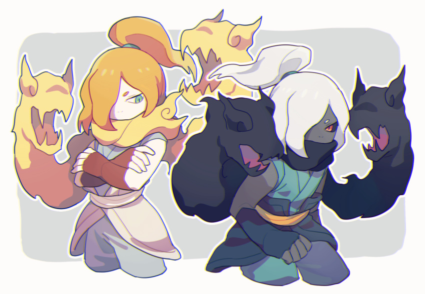 2boys, aqua_eyes, aqua_pants, black_gloves, black_scarf, black_sclera, chromatic_aberration, colored_sclera