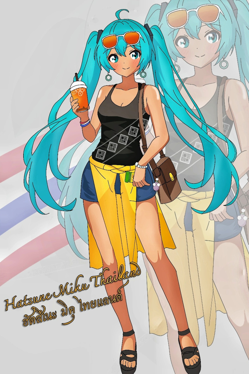 1girl, aqua_eyes, aqua_hair, bag, bare_shoulders, black_tank_top, blue_shorts, breasts