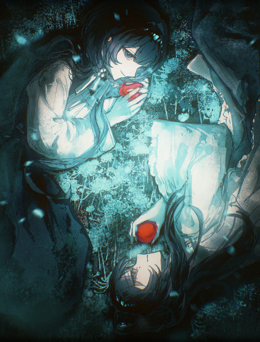 2girls, apple, black_eyes, black_hair, black_skirt, chinese_commentary, closed_mouth, commentary_request