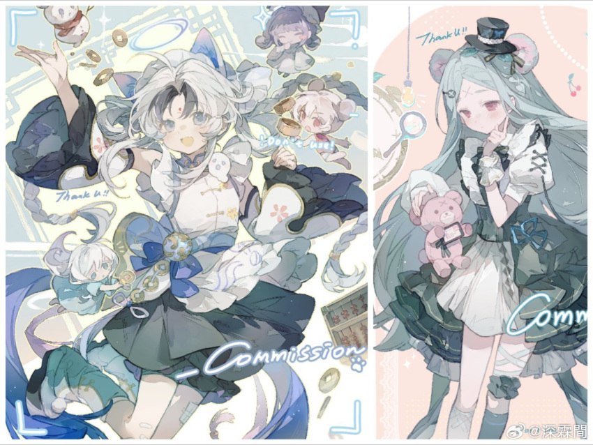 5girls, ^_^, animal_ears, apron, asymmetrical_legwear, bandaged_leg, bandages, bandaid, bandaid_on_knee, bandaid_on_leg, bandaid_on_thigh, bare_shoulders, bear_ears, black_footwear, black_hair, black_hat, black_skirt, bloomers, blue_background, blue_bow, blue_dress, blue_footwear, blue_halo, blue_ribbon, blush_stickers, bow, braid, bridal_garter, button_hair_ornament, cherry, chibi, chinese_clothes, chinese_commentary, clock, closed_eyes, closed_mouth, coin, collared_shirt, commentary_request, commission, corset, cowboy_shot, cross-laced_clothes, cross-laced_sleeves, detached_sleeves, dot_nose, dotted_line, double_bun, dress, expressionless, facial_mark, floating_clothes, floating_hair, floral_print, flower_knot, food, forehead_mark, frilled_apron, frilled_shirt, frilled_skirt, frilled_sleeves, frilled_wrist_cuffs, frills, fruit, full_body, ghost, green_corset, green_garter, green_hair, green_skirt, green_socks, grey_eyes, hair_bun, hair_ornament, hairclip, halo, hand_on_own_cheek, hand_on_own_chin, hand_on_own_face, hand_up, hat, holding, holding_coin, holding_stuffed_toy, holed_coin, jumping, kneehighs, koiliblikas, laughing, leg_warmers, leotard, light_blush, light_bulb, long_hair, looking_at_object, magnifying_glass, maid_headdress, mini_hat, mini_top_hat, miniskirt, mismatched_legwear, multicolored_background, multicolored_hair, multiple_girls, notice_lines, okobo, orange_background, original, parted_bangs, pleated_skirt, pom_pom_(clothes), puffy_short_sleeves, puffy_sleeves, purple_bloomers, purple_ribbon, red_eyes, red_leotard, ribbon, sample_watermark, sandals, shirt, short_sleeves, sidelocks, skirt, snowman, socks, sparkle, streaked_hair, stuffed_animal, stuffed_toy, teddy_bear, thank_you, top_hat, twin_braids, two-tone_footwear, very_long_hair, waist_apron, waist_bow, waist_ribbon, watermark, weibo_watermark, white_apron, white_background, white_bow, white_hair, white_leg_warmers, white_shirt, white_sleeves, white_socks, white_wrist_cuffs, wide_sleeves, wrist_cuffs