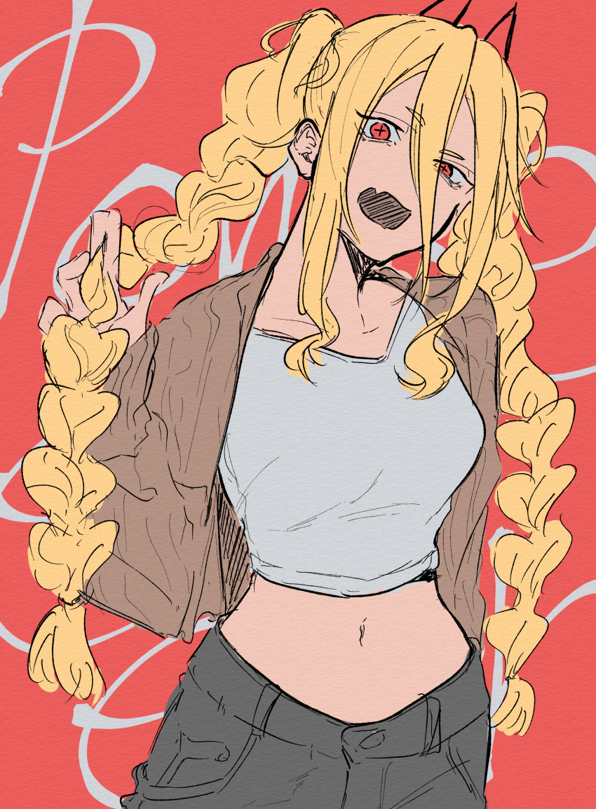1girl, absurdres, black_pants, blonde_hair, braid, breasts, brown_jacket, chainsaw_man, crop_top, cross-shaped_pupils, fang, hair_between_eyes, highres, horns, jacket, long_hair, long_sleeves, medium_breasts, navel, open_clothes, open_jacket, open_mouth, pants, power_(chainsaw_man), red_background, red_eyes, red_horns, shirt, skin_fang, solo, symbol-shaped_pupils, tian_zhu2357, twin_braids, uneven_eyes, very_long_hair, white_shirt