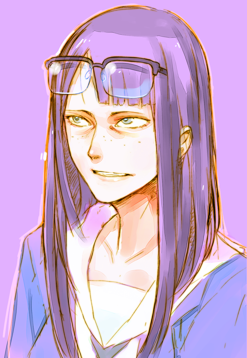 1girl, asymmetrical_bangs, commentary, eizouken_ni_wa_te_wo_dasu_na!, eyewear_on_head, freckles, glasses, highres