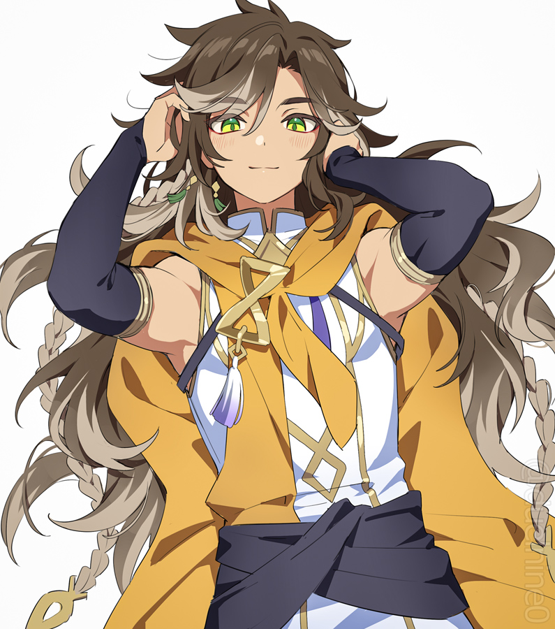 1boy, black_sleeves, braid, brown_hair, closed_mouth, dark-skinned_male, dark_skin, earrings