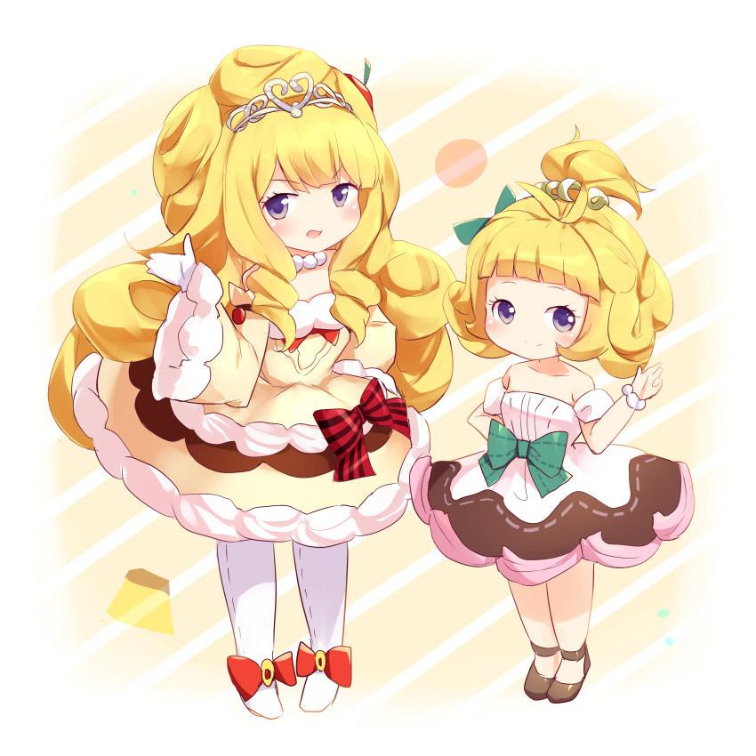 2girls, absurdres, blonde_hair, curly_sidelocks, dress, duel_monster, full_body, highres
