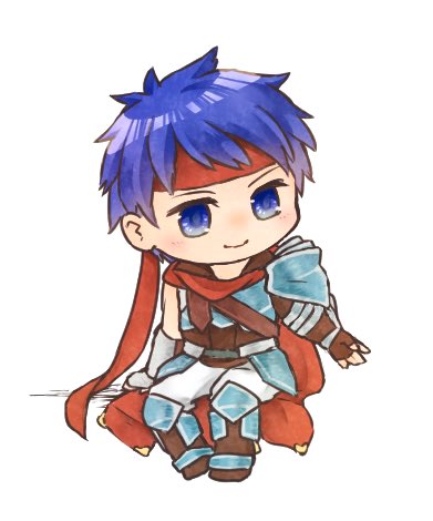 1boy, armor, blue_eyes, blue_hair, brown_footwear, cape, chibi, fingerless_gloves