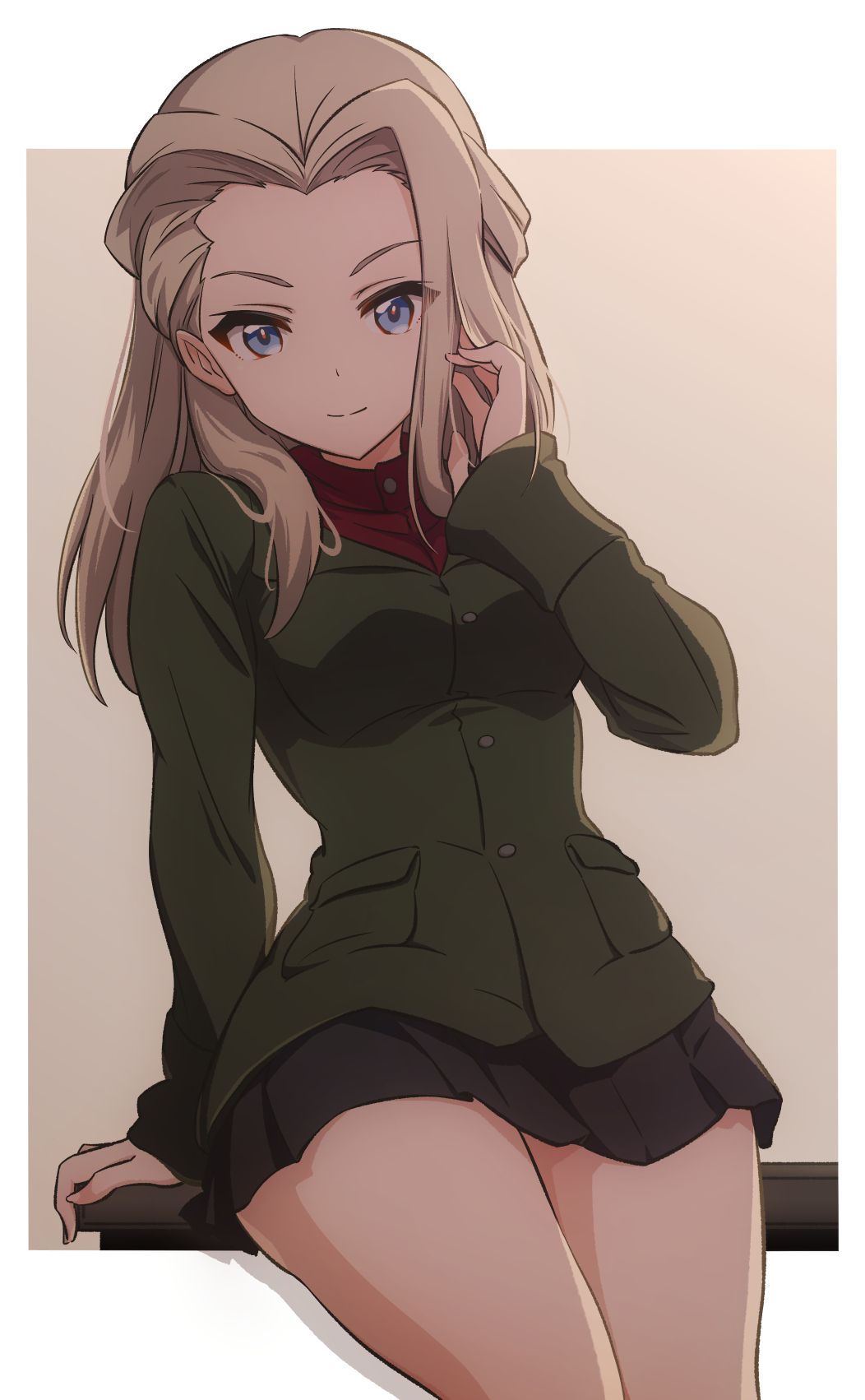 1girl, black_skirt, blonde_hair, blue_eyes, border, breasts, brown_background, clara_(girls_und_panzer)