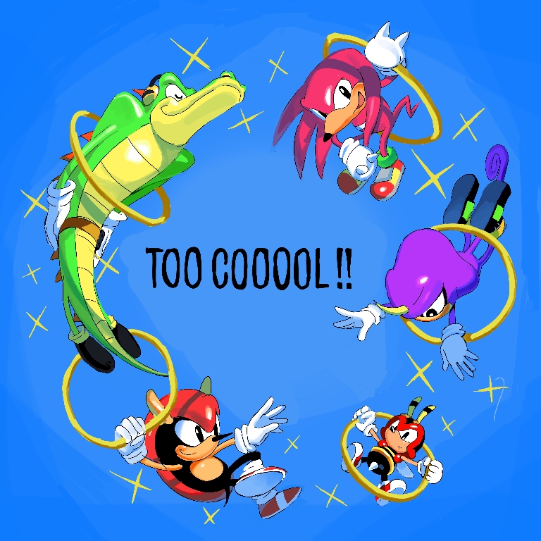 5boys, animal_ears, animal_nose, black_eyes, blue_background, charmy_bee, closed_mouth, commentary_request