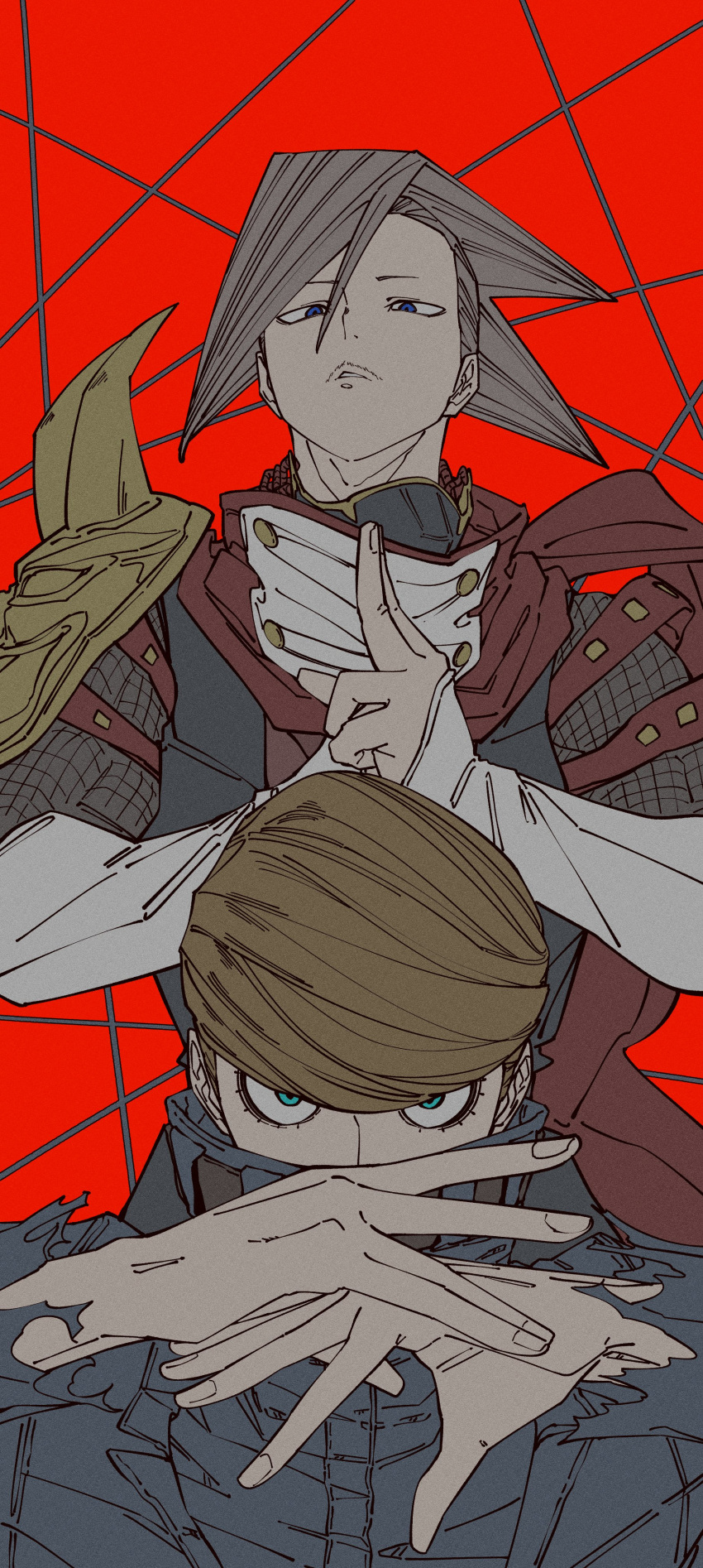 2boys, absurdres, arm_belt, armor, arms_up, belt, best_jeanist, blonde_hair