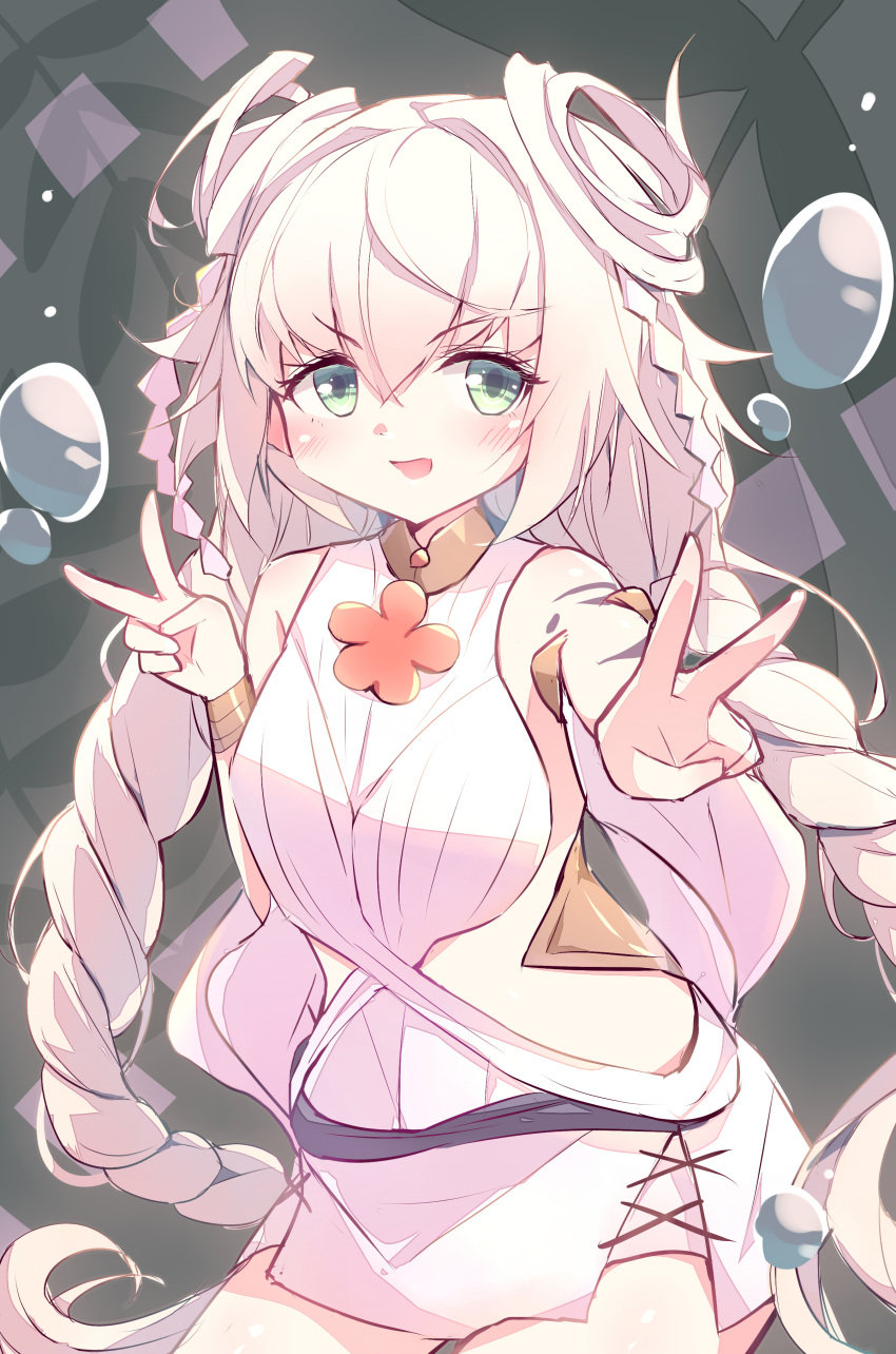 1girl, absurdres, braided_twintails, detached_sleeves, double_v, duel_monster, green_eyes, grey_hair