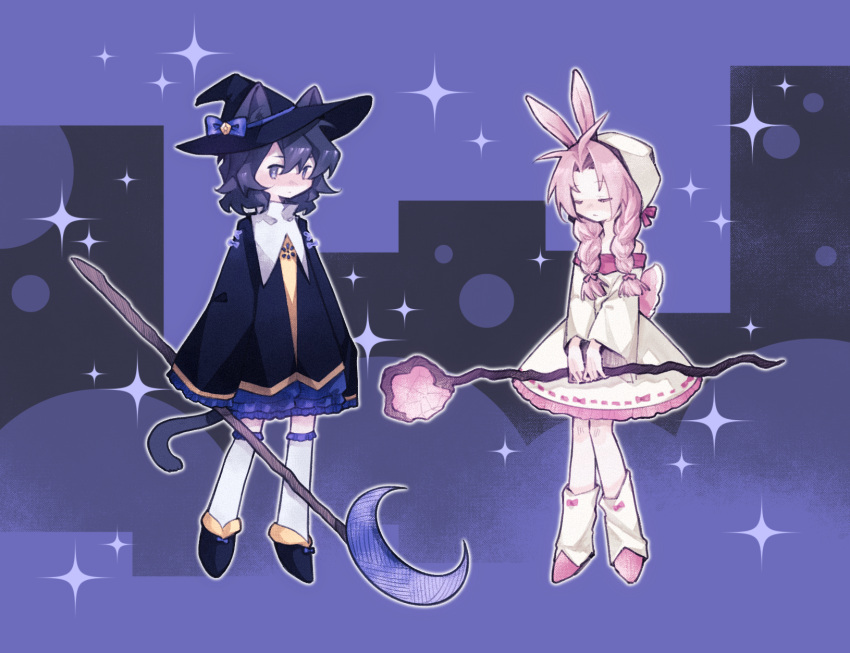 2boys, alternate_costume, alternate_hairstyle, animal_ears, black_footwear, black_hat, black_shirt, blue_bow