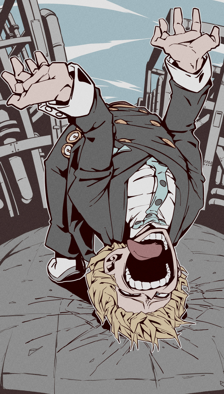 1boy, absurdres, arms_up, backbend, black_jacket, black_pants, blonde_hair, blue_eyes