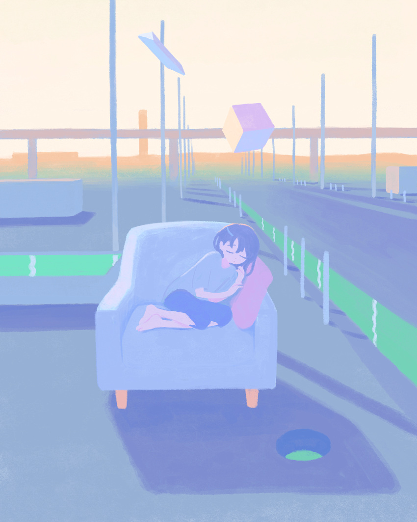 1girl, absurdres, chair, closed_eyes, easy_chair, fence, head_rest, highres