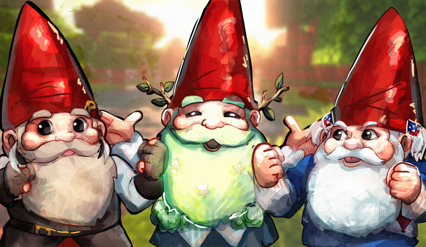 3boys, ^_^, absurdres, backlighting, beard, blurry, blurry_background, brown_eyes