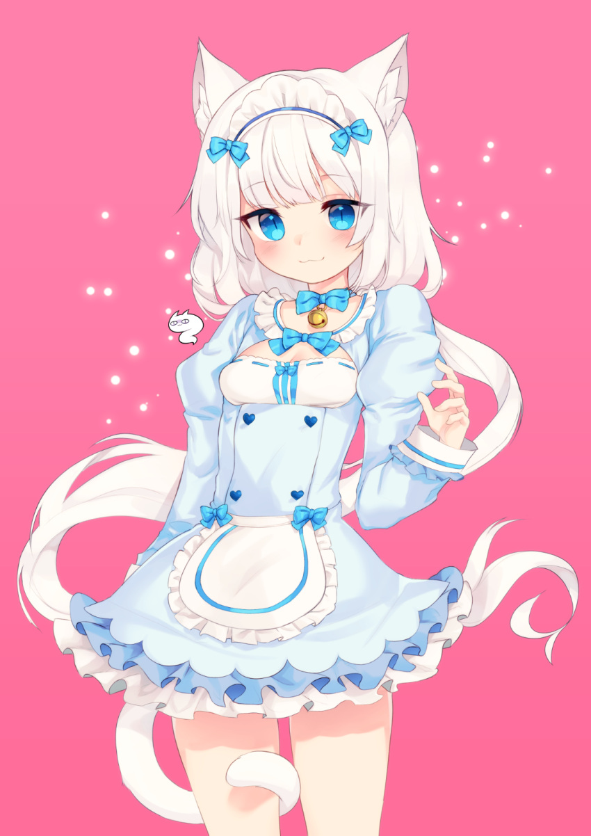 animal_ears, bell, blue_dress, blue_eyes, blunt_bangs, bow, bow_choker, breasts