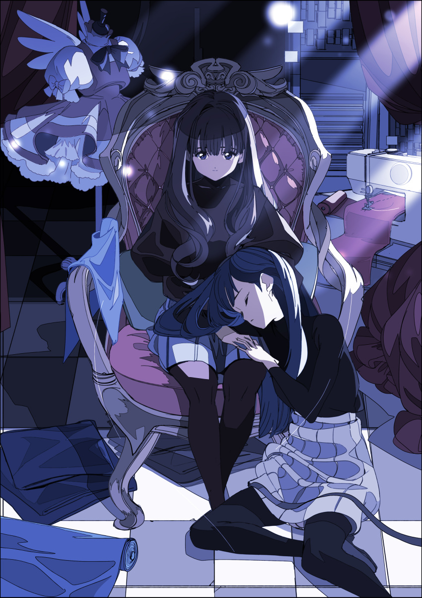 2girls, absurdres, armchair, black_hair, black_pantyhose, black_sweater, blue_eyes, blurry