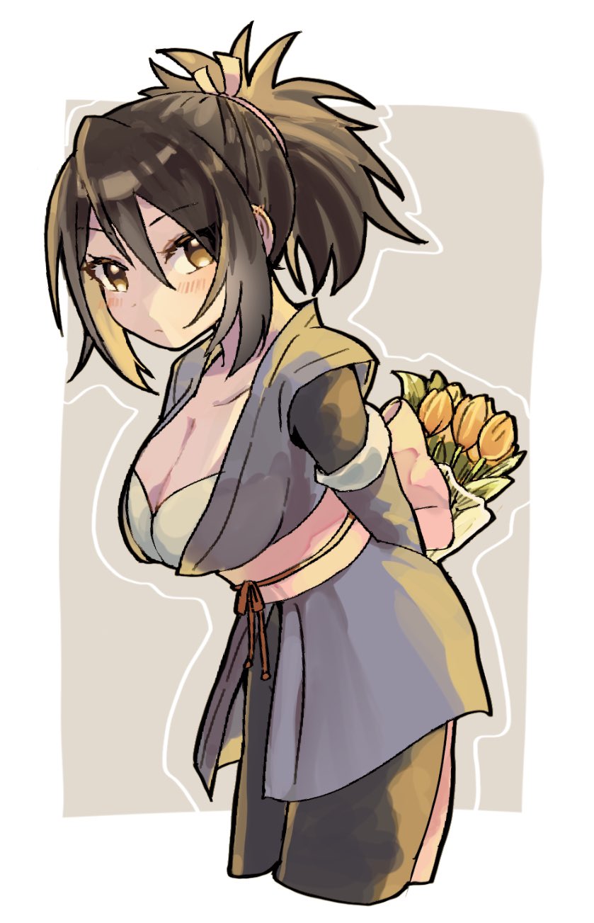 arms_behind_back, black_hair, blush, flower, fujibayashi_sheena, high_ponytail, highres, leaning_forward