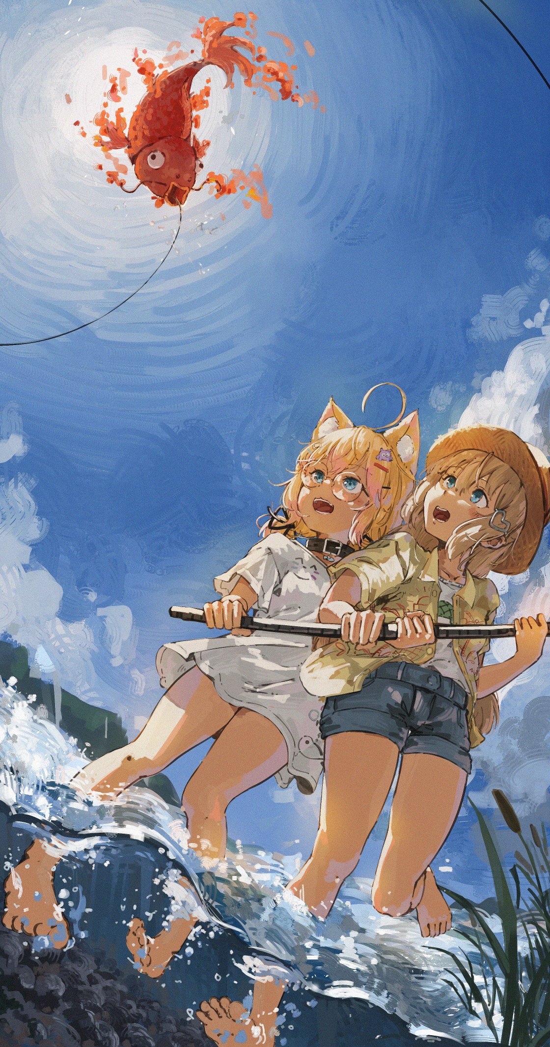 2girls, animal_ear_fluff, bare_legs, barefoot, black_collar, black_ribbon, blonde_hair, blue_eyes