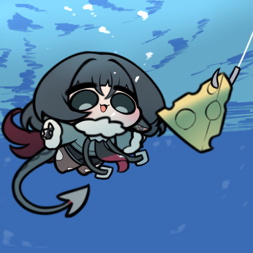 1girl, air_bubble, animal_ears, black_hair, black_shorts, bubble, cheese, chibi