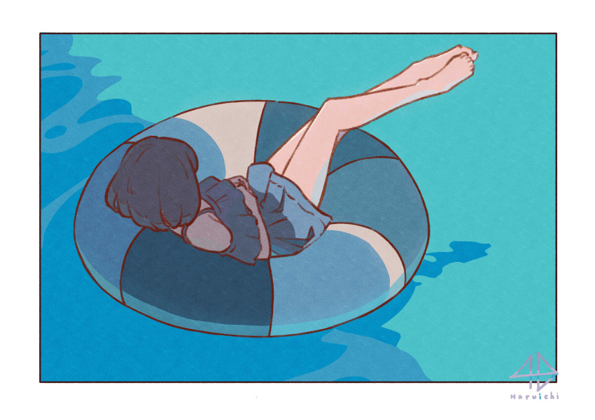 1girl, absurdres, artist_logo, barefoot, bikini, black_hair, blue_bikini, bob_cut
