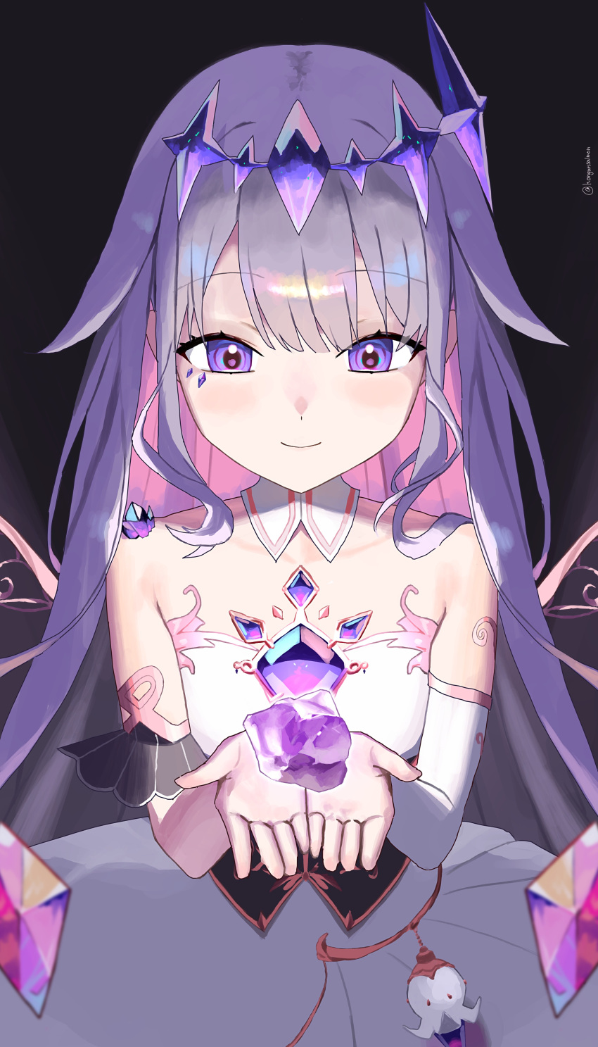1girl, absurdres, chest_jewel, collar, colored_inner_hair, detached_collar, dress, grey_hair, hair_flaps, highres, hololive, hololive_english, jewel_under_eye, kongarisalmon, koseki_bijou, koseki_bijou_(1st_costume), looking_at_viewer, multicolored_hair, pink_hair, smile, solo, violet_eyes, virtual_youtuber, white_collar, white_dress