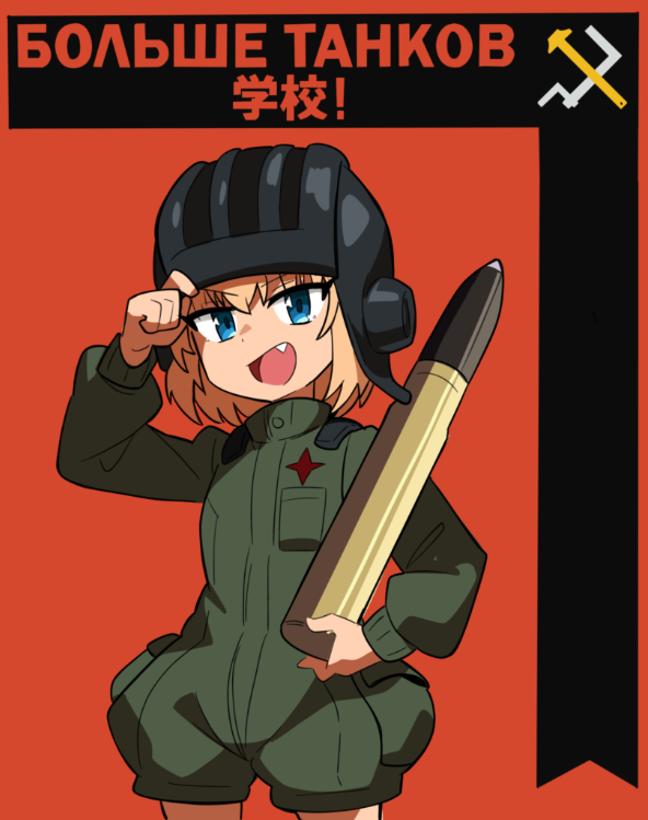 1girl, black_helmet, blonde_hair, blue_eyes, commentary, fang, girls_und_panzer, green_jumpsuit