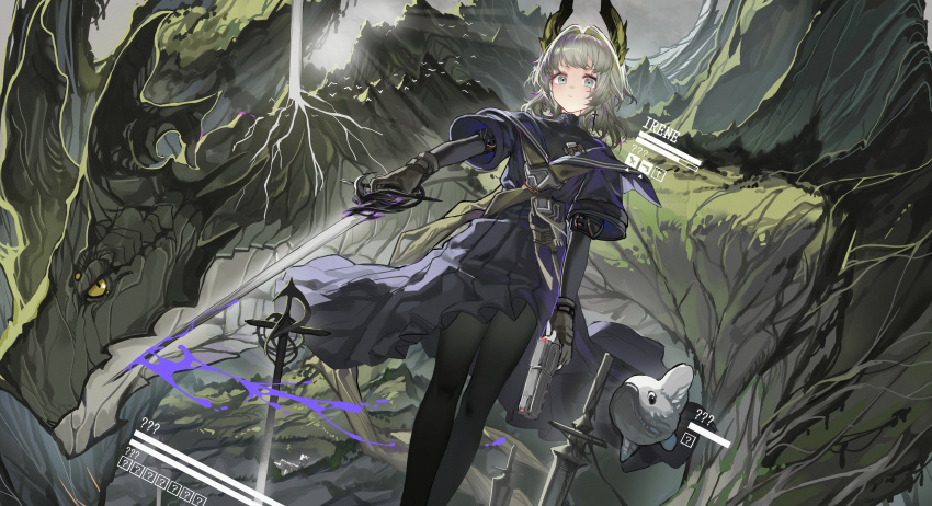 1girl, absurdres, arknights, black_dress, black_shirt, closed_mouth, cross, cross_earrings, dragon, dress, earrings, feet_out_of_frame, fire, gloves, green_eyes, green_horns, grey_gloves, grey_hair, gun, hair_intakes, handgun, highres, holding, holding_gun, holding_sword, holding_weapon, horns, irene_(arknights), irene_(the_adjudicatrix_and_her_resolve)_(arknights), jewelry, latin_cross, long_sleeves, looking_at_viewer, medium_hair, official_alternate_costume, opah_(moonfish), scar, scar_across_eye, shirt, solarisyuri!, solo, standing, sword, turtleneck, turtleneck_shirt, user_interface, weapon, yellow_eyes