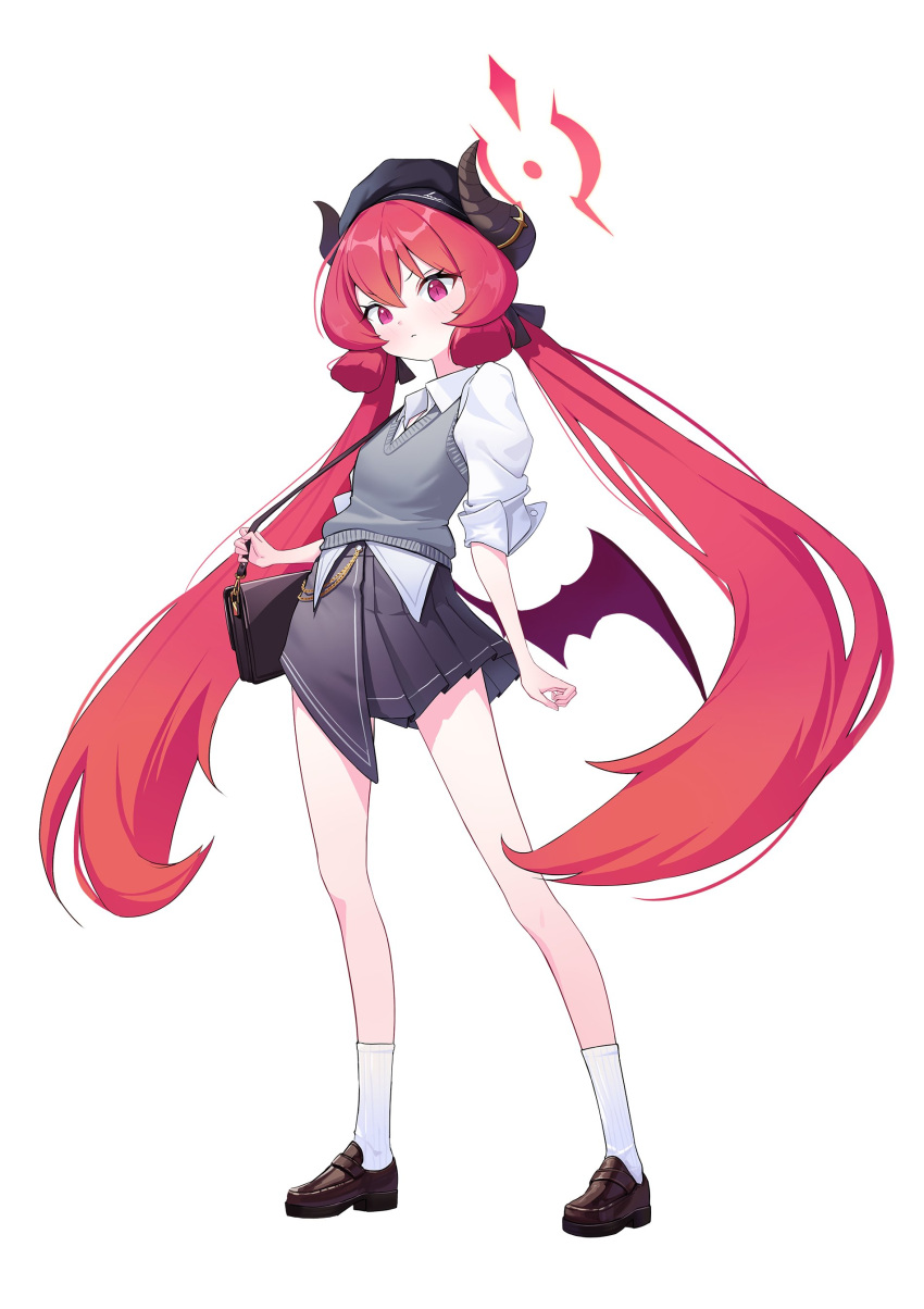 1girl, absurdres, bag, beret, black_horns, black_ribbon, blazer, blue_archive, demon_horns, demon_wings, gourmet_research_society_(blue_archive), hair_between_eyes, halo, hat, highres, holding, holding_bag, horns, jacket, junko_(blue_archive), long_hair, looking_at_viewer, low_wings, red_eyes, red_halo, red_wings, redhead, ribbon, school_uniform, simple_background, skirt, socks, solo, sseng_00, twintails, white_background, white_socks, wings