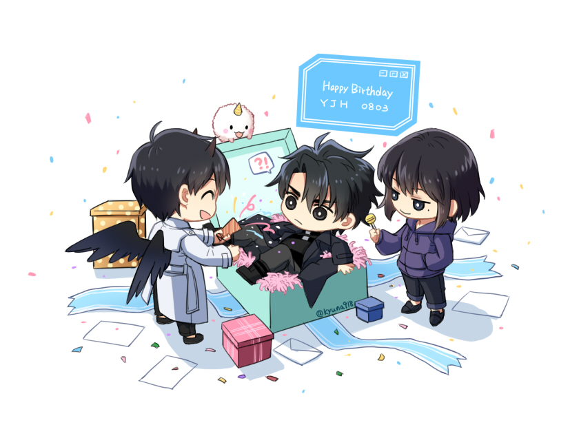 !?, 1girl, 2boys, :3, :d, ^_^, artist_name, black_eyes