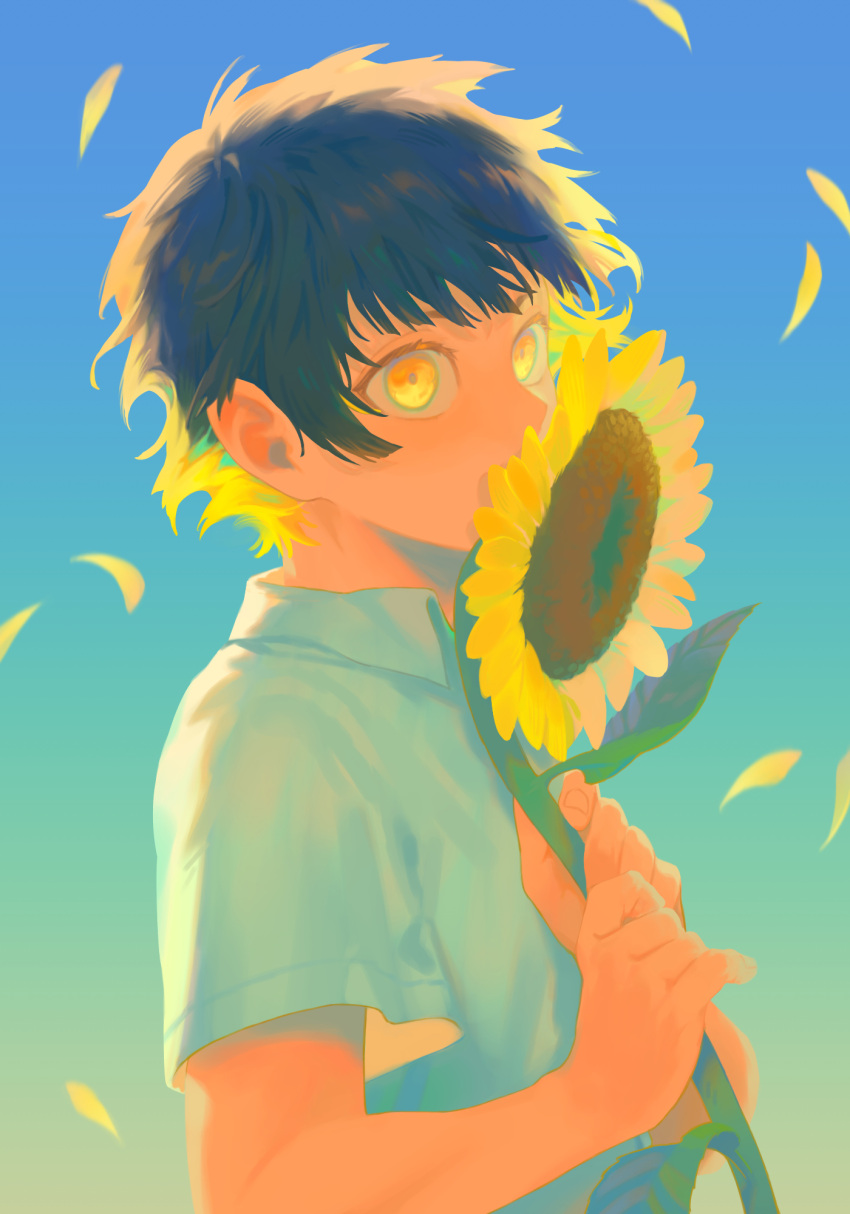 1boy, bachira_meguru, black_hair, blonde_hair, blue_lock, collared_shirt, covered_mouth, falling_petals, flower, from_side, gradient_background, highres, holding, holding_flower, leaf, male_focus, multicolored_hair, petals, shirt, short_hair, short_sleeves, solo, streaked_hair, sunflower, two-tone_hair, udality, upper_body, white_shirt, yellow_eyes, yellow_flower, yellow_petals