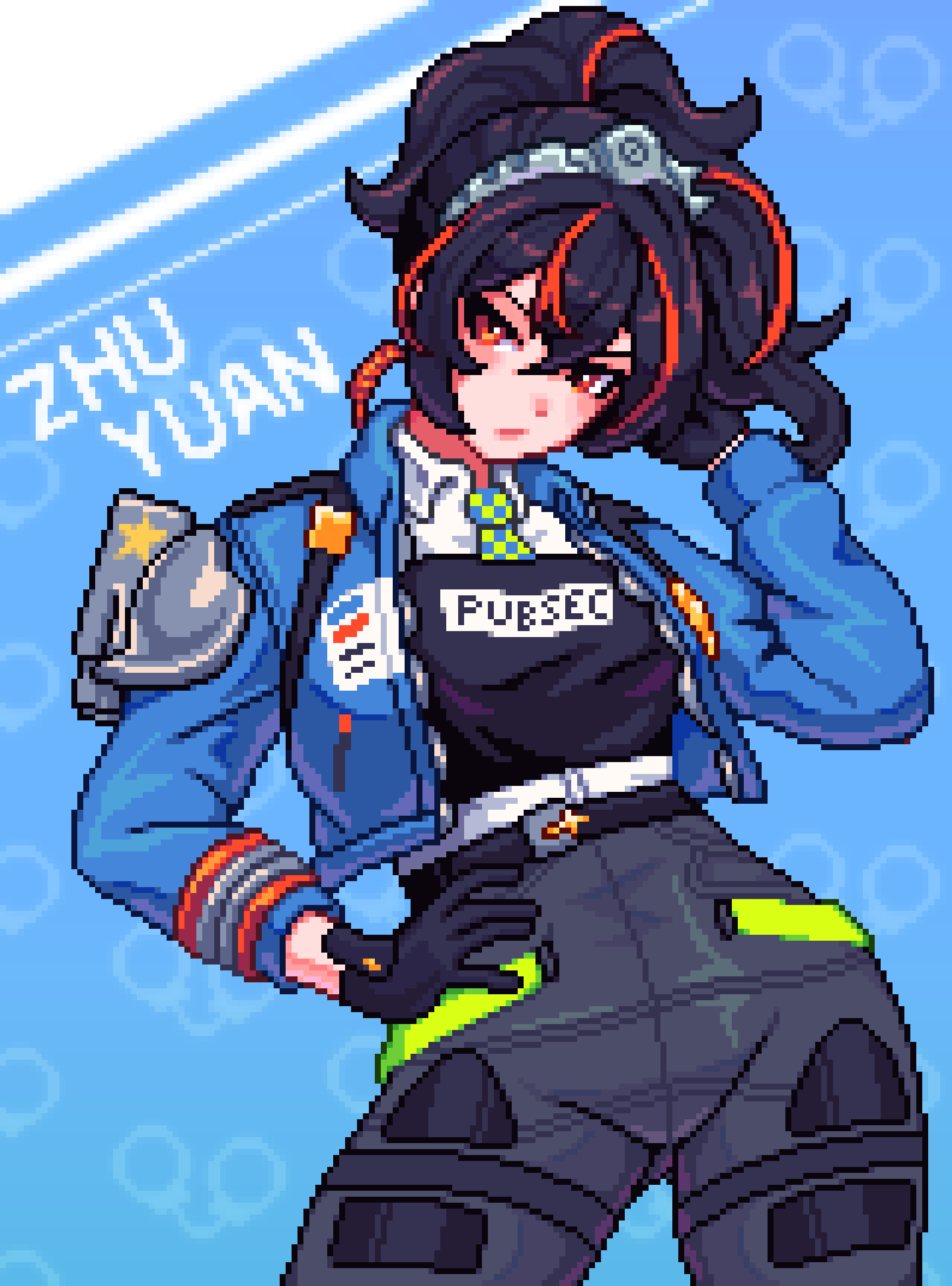 1girl, black_gloves, black_hair, blue_background, blue_jacket, character_name, contrapposto, cowboy_shot
