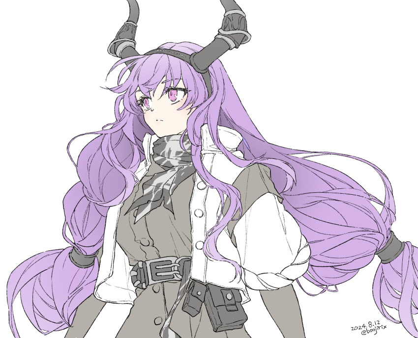 1girl, :/, arknights, arms_at_sides, belt, belt_pouch, black_belt, black_hairband