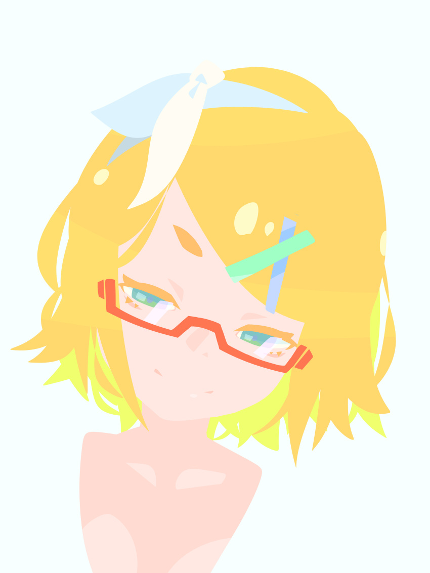 1girl, absurdres, bespectacled, blending, blonde_hair, blue_eyes, bow, closed_mouth