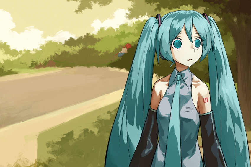 2girls, aqua_eyes, aqua_hair, aqua_necktie, black_sleeves, collared_shirt, commentary, crop_top