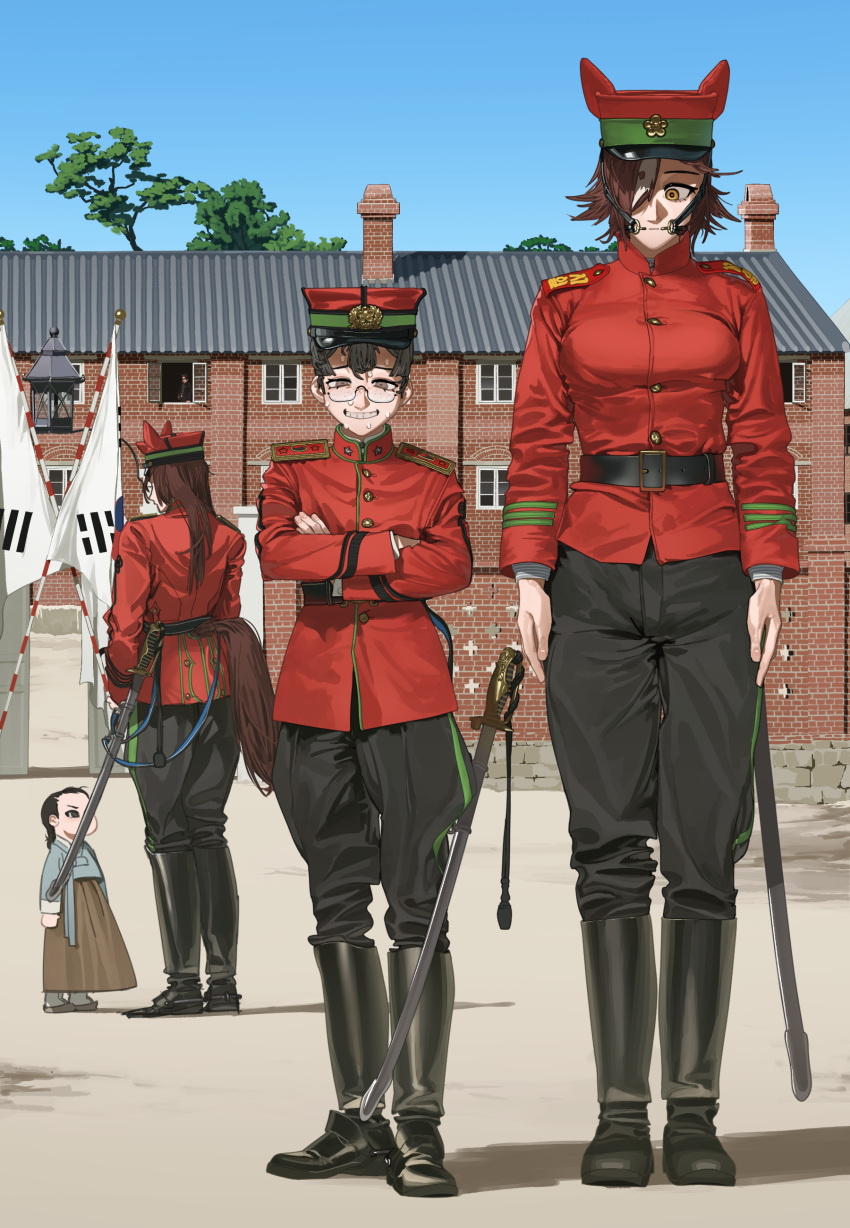 1other, 4girls, absurdres, animal_ears, belt, black-framed_eyewear, black_belt, black_footwear