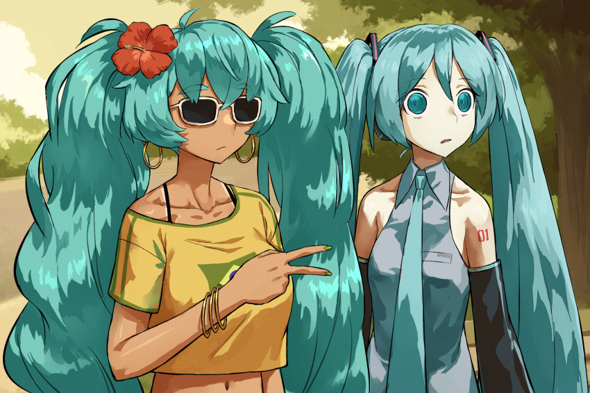 2girls, aqua_eyes, aqua_hair, aqua_necktie, black_sleeves, bracelet, brazilian_flag, brazilian_miku