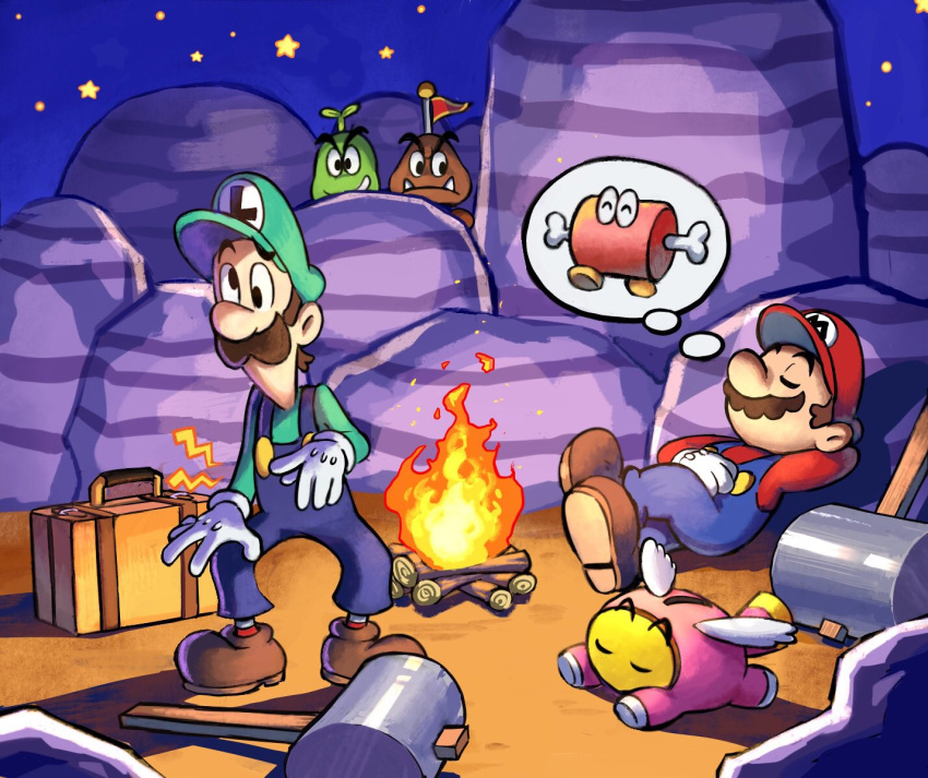 2boys, 3others, beanie_(mario), blue_overalls, brothers, campfire, electrical_outlet, facial_hair