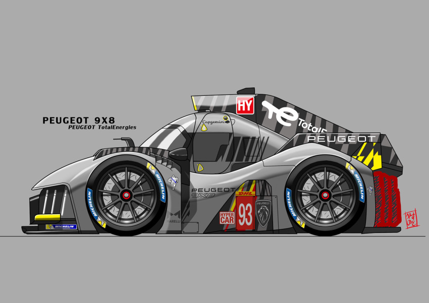 car, chibi, from_side, grey_background, le_mans_prototype, michelin, michelin_man, motor_vehicle, no_humans, pace_note, peugeot, peugeot_9x8, race_vehicle, racecar, shadow, simple_background, vehicle_focus, vehicle_name, world_endurance_championship
