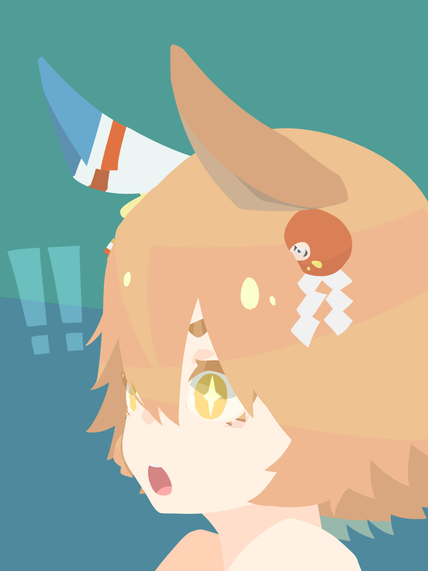 !, !!, +_+, 1girl, animal_ears, blue_background, brown_hair, commentary_request