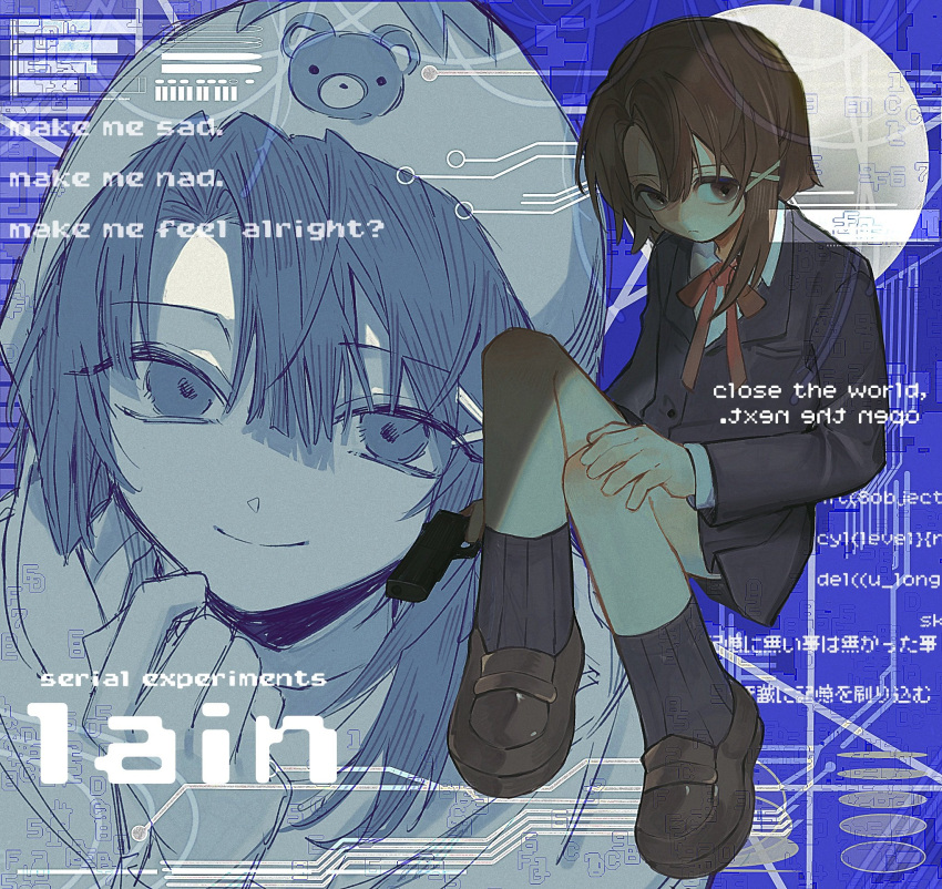 1girl, beanie, blazer, blue_background, blue_eyes, blue_jacket, blue_skirt, blue_socks, brown_footwear, brown_hair, closed_mouth, collared_shirt, copyright_name, english_commentary, full_body, gun, hair_ornament, hand_on_own_knee, hand_up, hat, highres, holding, holding_gun, holding_weapon, iwakura_lain, jacket, loafers, long_sleeves, miniskirt, multiple_views, neck_ribbon, parted_bangs, pleated_skirt, red_ribbon, ribbon, school_uniform, serial_experiments_lain, shirt, shoes, short_hair, single_sidelock, sitting, skirt, smile, socks, u_u5385, weapon, white_shirt, x_hair_ornament