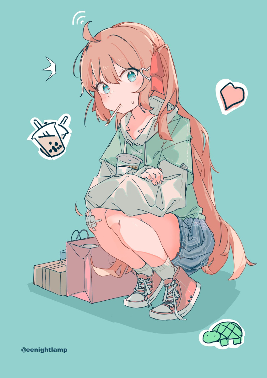1girl, ^^^, ahoge, artist_name, bag, bandaid, bandaid_on_knee, bandaid_on_leg, blue_background, blue_eyes, blue_shorts, brown_hair, commentary, cross-laced_footwear, drinking_straw, drinking_straw_in_mouth, eenightlamp, english_commentary, flinch, green_jacket, hair_between_eyes, hair_ornament, hair_ribbon, handbag, heart, heart_hair_ornament, highres, hood, hooded_jacket, indie_virtual_youtuber, jacket, legs_together, light_blush, long_hair, long_sleeves, neuro-sama, pink_footwear, plaid_clothes, plaid_shorts, red_ribbon, ribbon, shoelaces, shoes, shorts, simple_background, sleeves_past_wrists, sneakers, socks, solo, squatting, surprised, two_side_up, very_long_hair, virtual_youtuber, white_socks