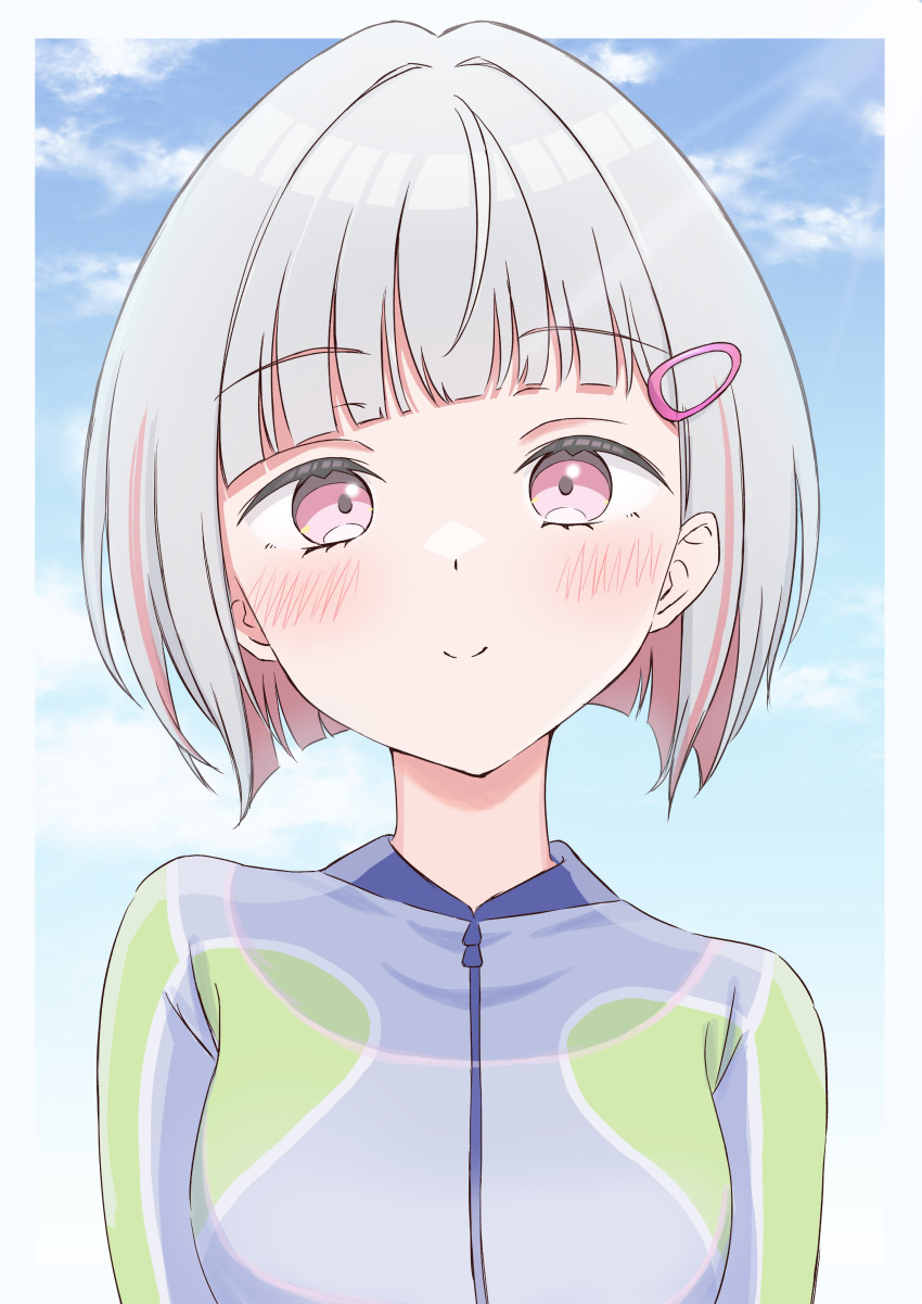 1girl, absurdres, blue_sky, blush, bob_cut, bodysuit, border, breasts